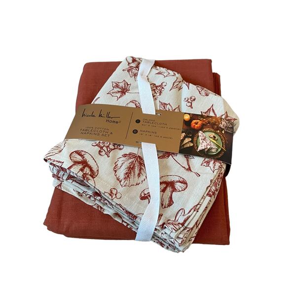 9pc Nicole Miller Fall Forest Toile Cotton 60x104 Tablecloth & Napkin Set NEW - Picture 5 of 15